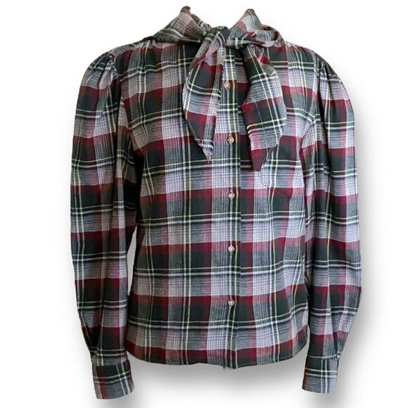 Vintage Ralph Lauren Womens Blouse Sz 6 Flannel Plaid Puff Sleeve Romantic Top - Picture 1 of 11